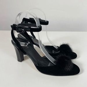 Kate Spade New York Suede Pompom Pump Heels Black 7.5 B Ankle Strap 90s Y2K